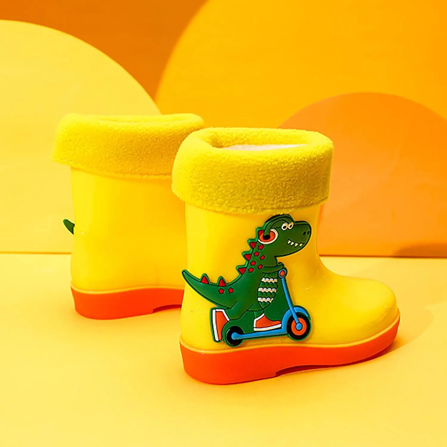 Детские резиновые сапоги с флисовой подкладкой с динозаврами, Yellow — фото 3