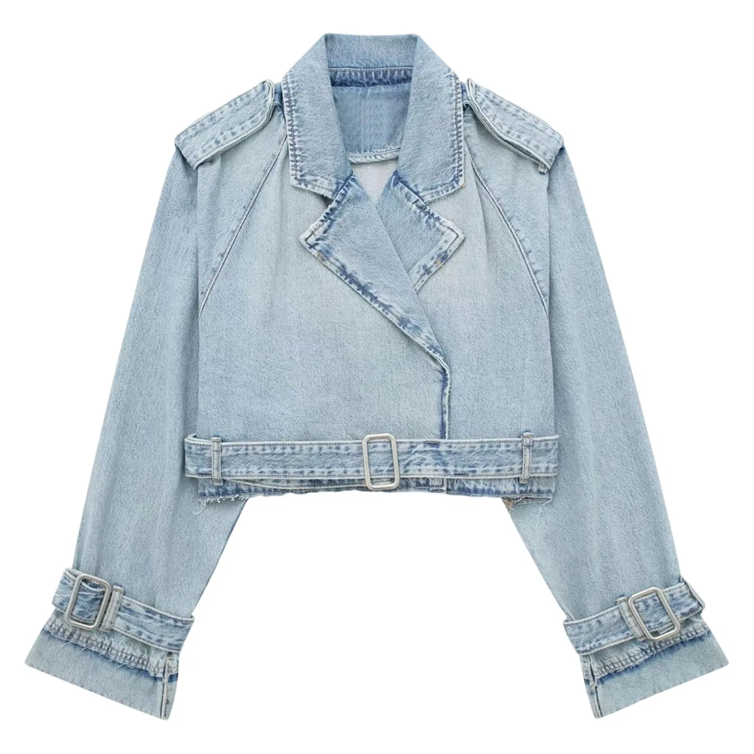Женская джинсовая куртка с поясом и отложным воротником, Baby blue light