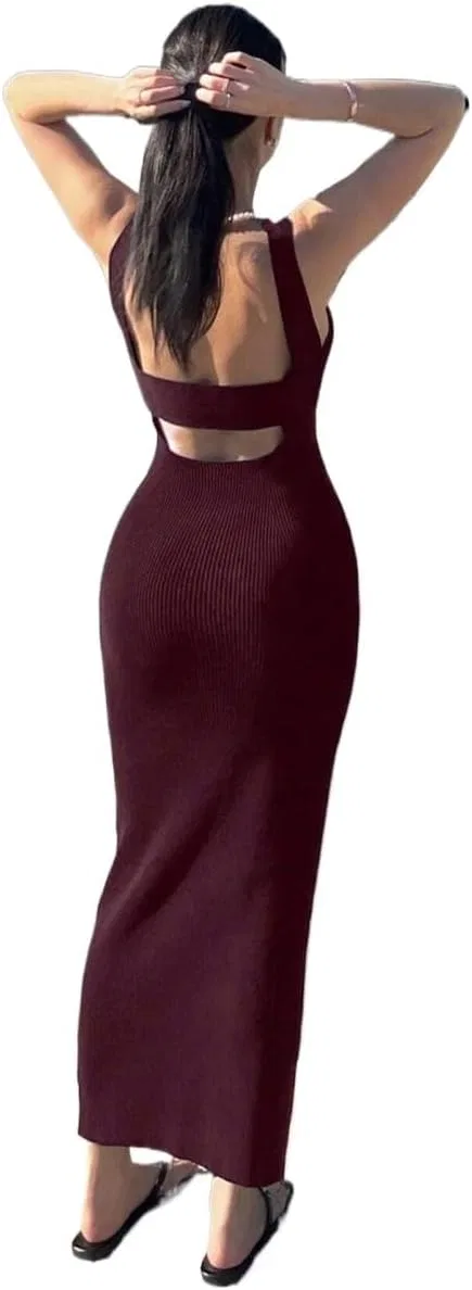 Женское платье V-образным вырезом облегающее длинное Knitwear, Burgundy — фото 2