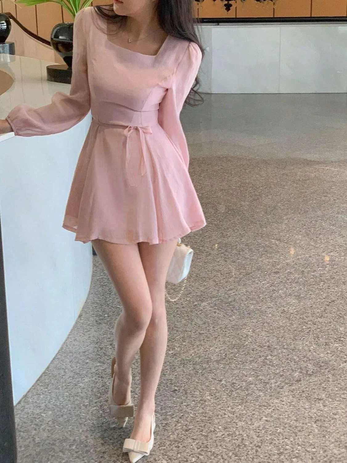 Женское офф-плеч платье A-line миди с поясом Chiffon, Pink — фото 4