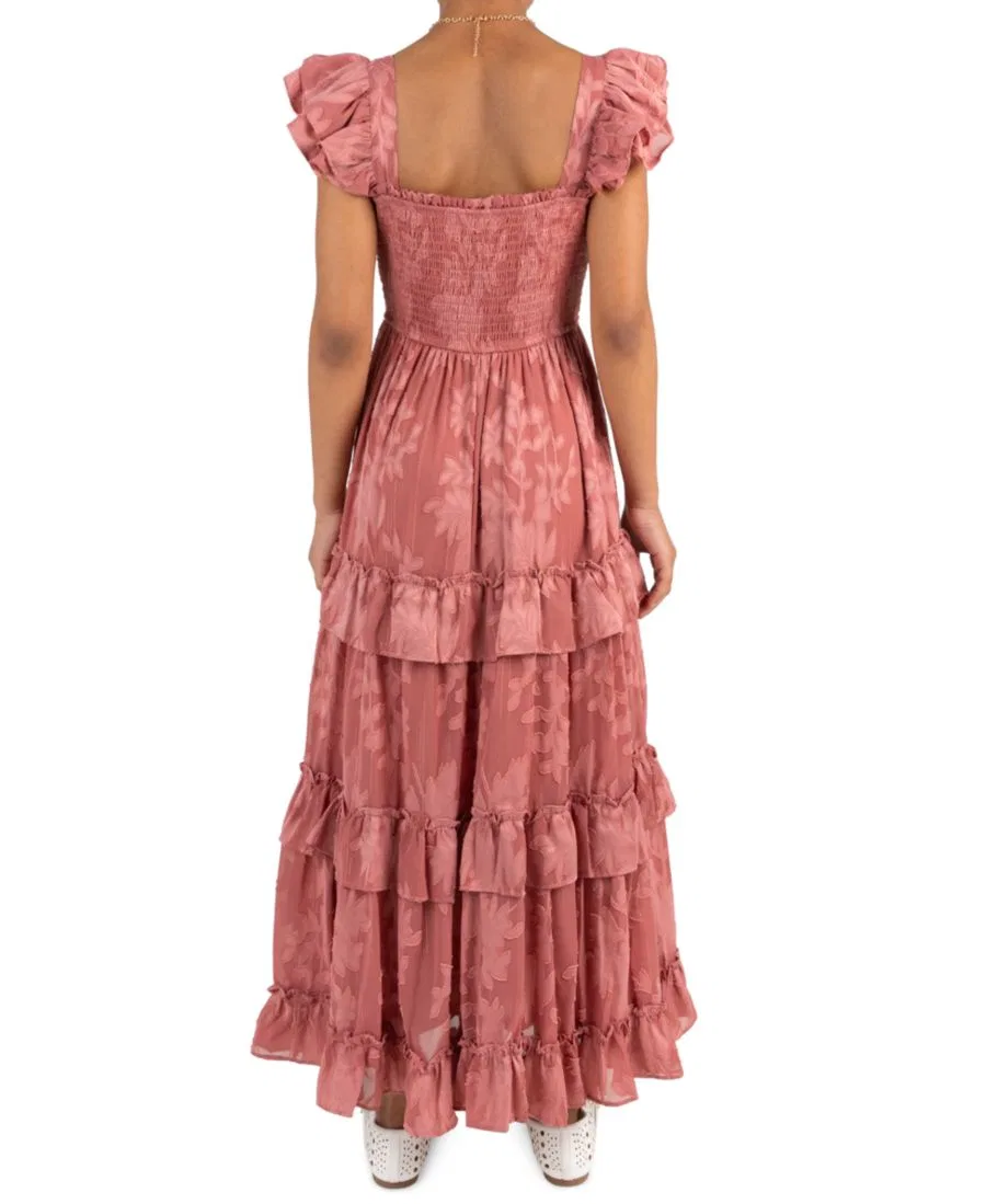 Платье макси из шифона с запахом и рюшами, модель Burnout Chiffon Smocked Sweetheart Neck Tiered Maxi Dress Rare Editions, Rose — фото 3