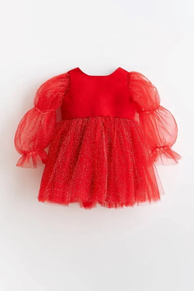 Детское платье для девочек с длинным рукавом Pearlie ruffled sleeve glitter tulle girls' dress Banamio, Red