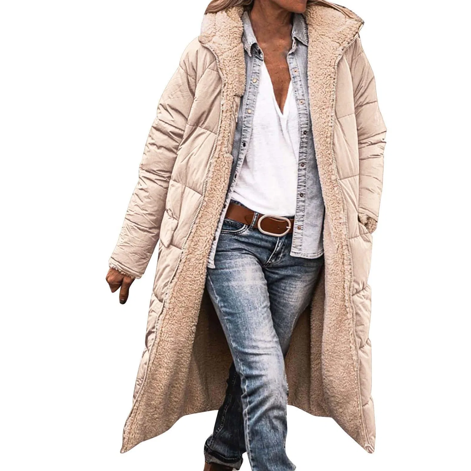 Женское стеганое пальто свободного кроя с капюшоном, beige