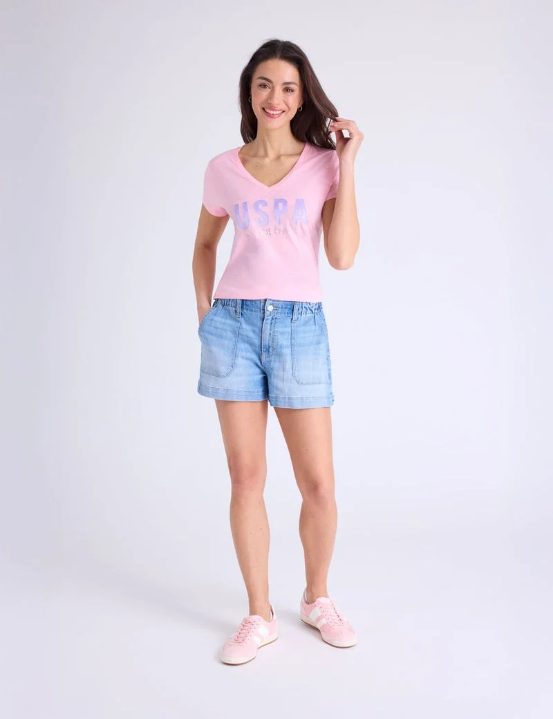 Женская футболка U.S. Polo Assn. Ombre Stone Rhinestone V-Neck, светло-розовый — фото 4