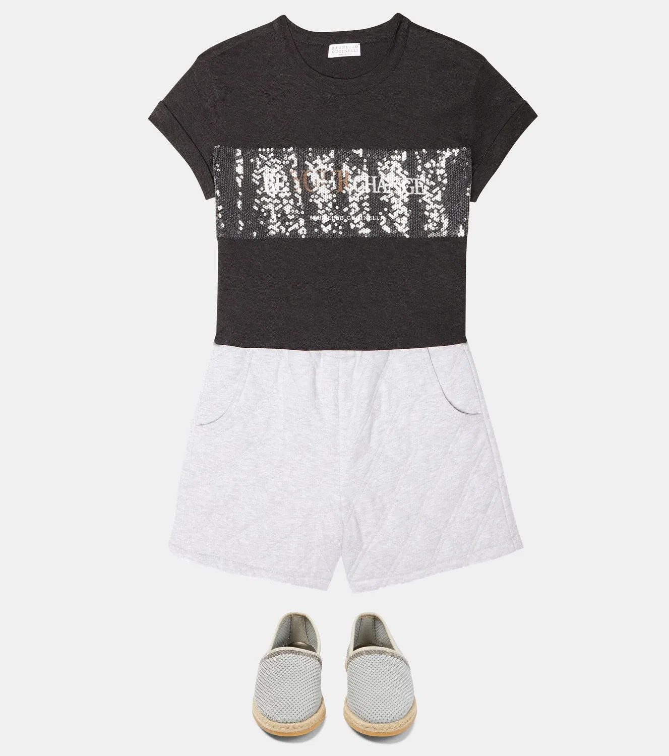 Стеганые хлопковые шорты Brunello Cucinelli Kids, серый — фото 2