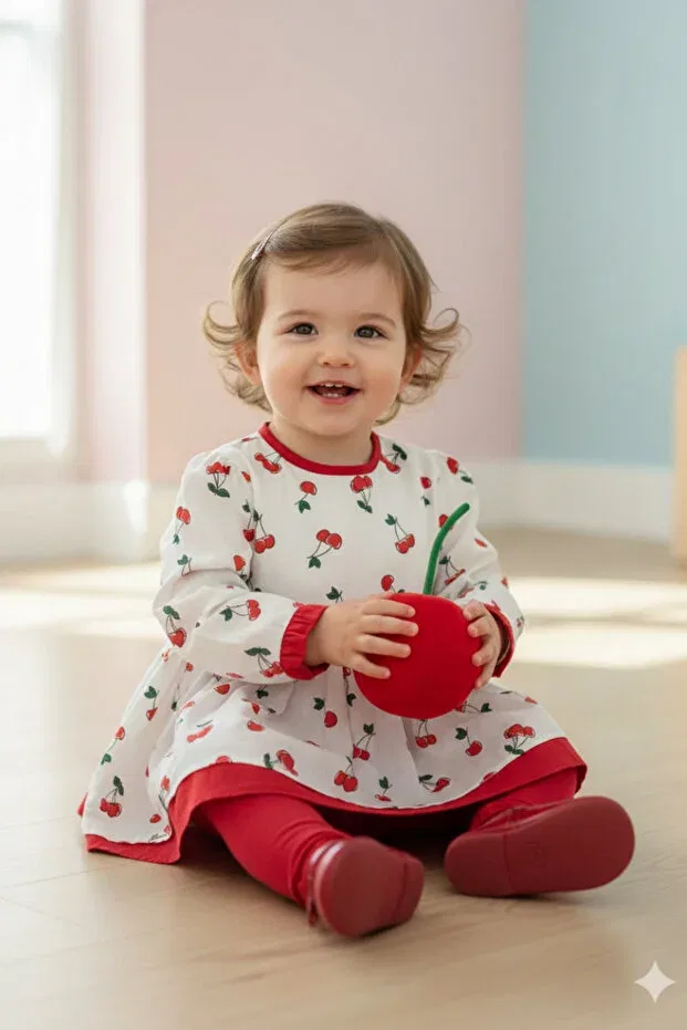 Детское платье для девочек хлопковое Cherry pattern Bertuğ Bebek, Çok Renkli — фото 2