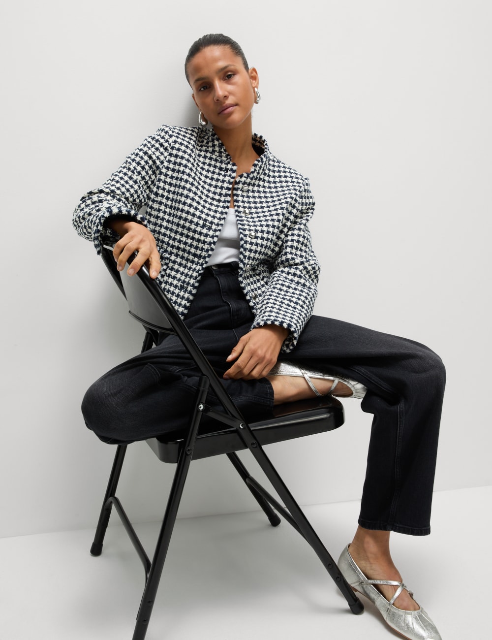 

Пиджак из твида в клетку с бахромой Marks & Spencer, темно-синий
