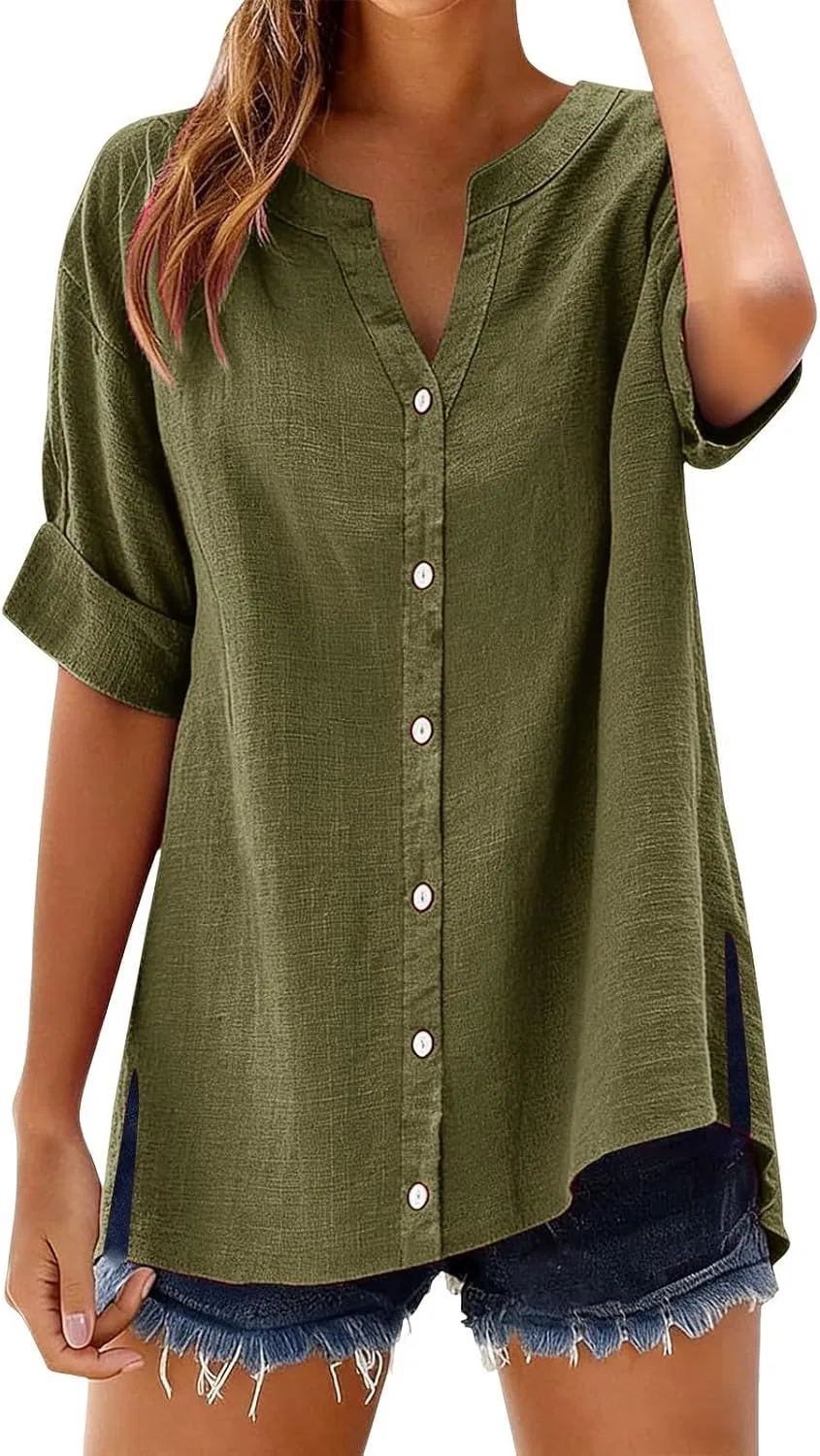 Женская туника из хлопка и льна, Oversized V Neck, коричневый