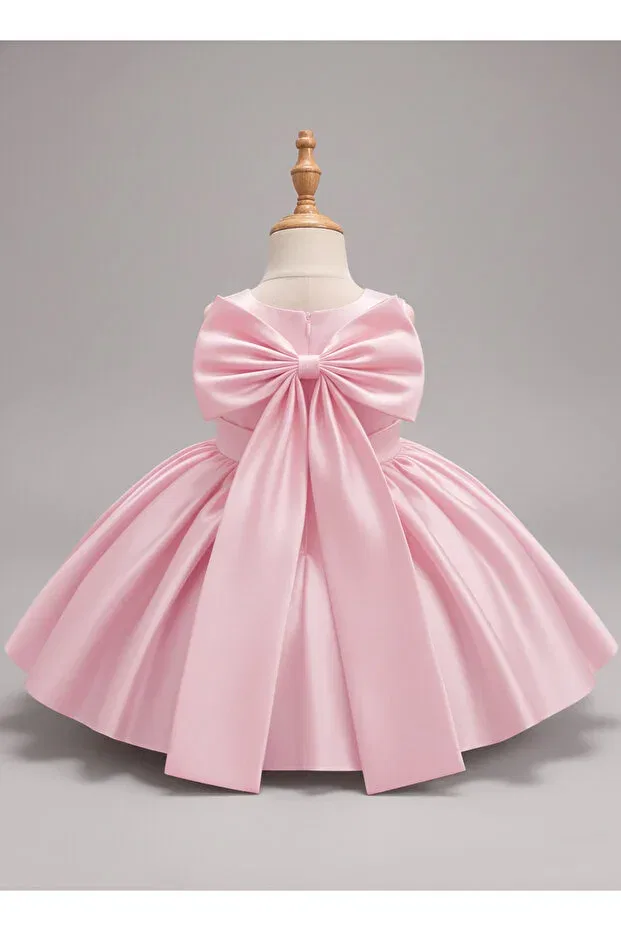Детское платье для девочек сатиновое A-line с бантом Melek Golden, Pink — фото 3