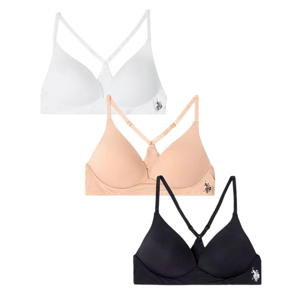 Женский комплект бюстгальтеров U.S. Polo Assn. Assorted Wire Free With Adjustable Straps, черный/белый/бежевый