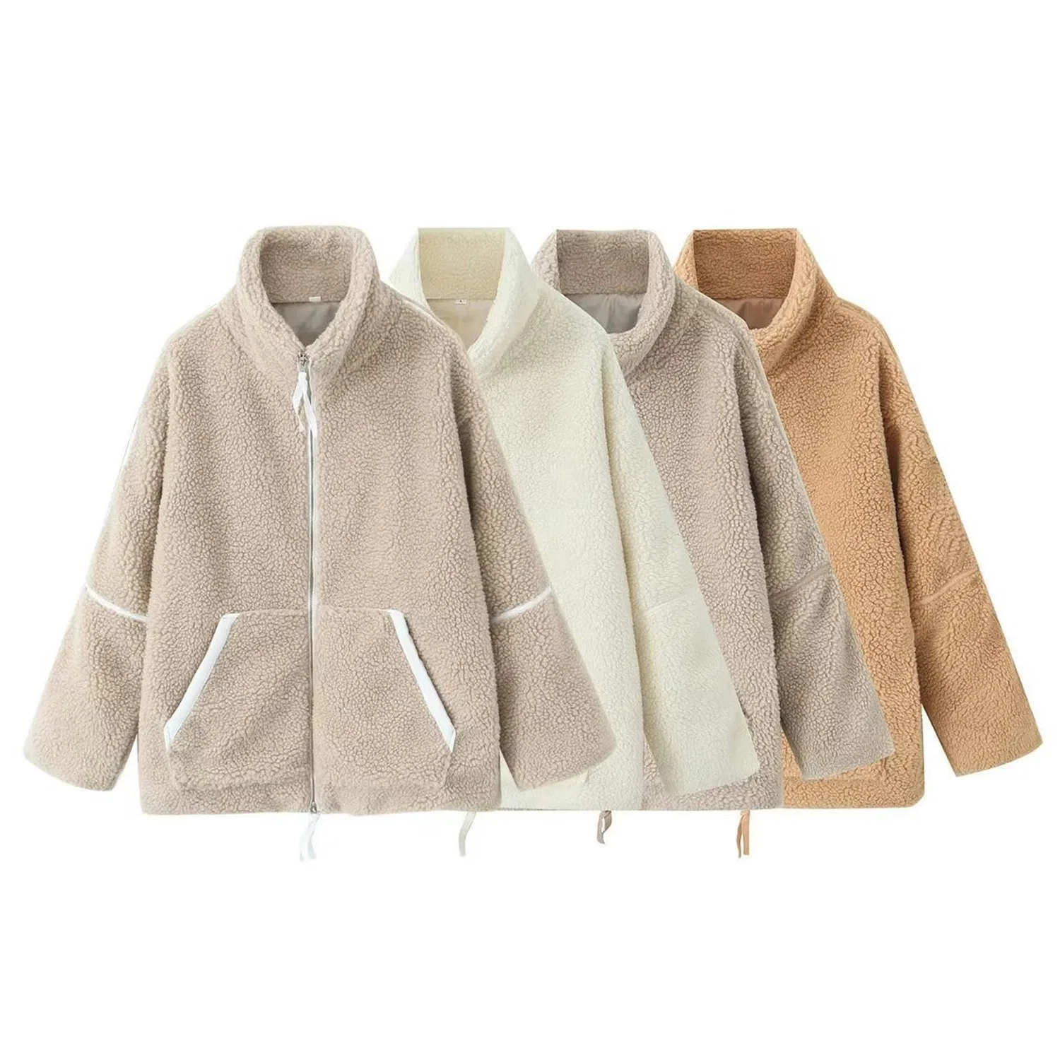 Женская куртка из вельвета тэдди с молнией и воротником-стойкой Beige, beige — фото 2