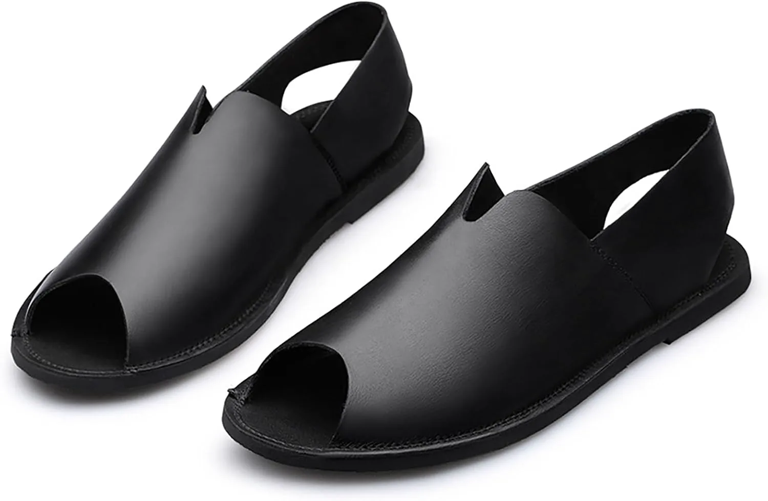 Men's Genuine Leather Fish Mouth Flat Slingback Fisherman Сандалии Fashion Casual Slip-On Round Peep Toe Roman Сандалии Comfortable Non-Slip Summer Outdoor Beach Walking Сандалии Shoes RYNKOMA, черный