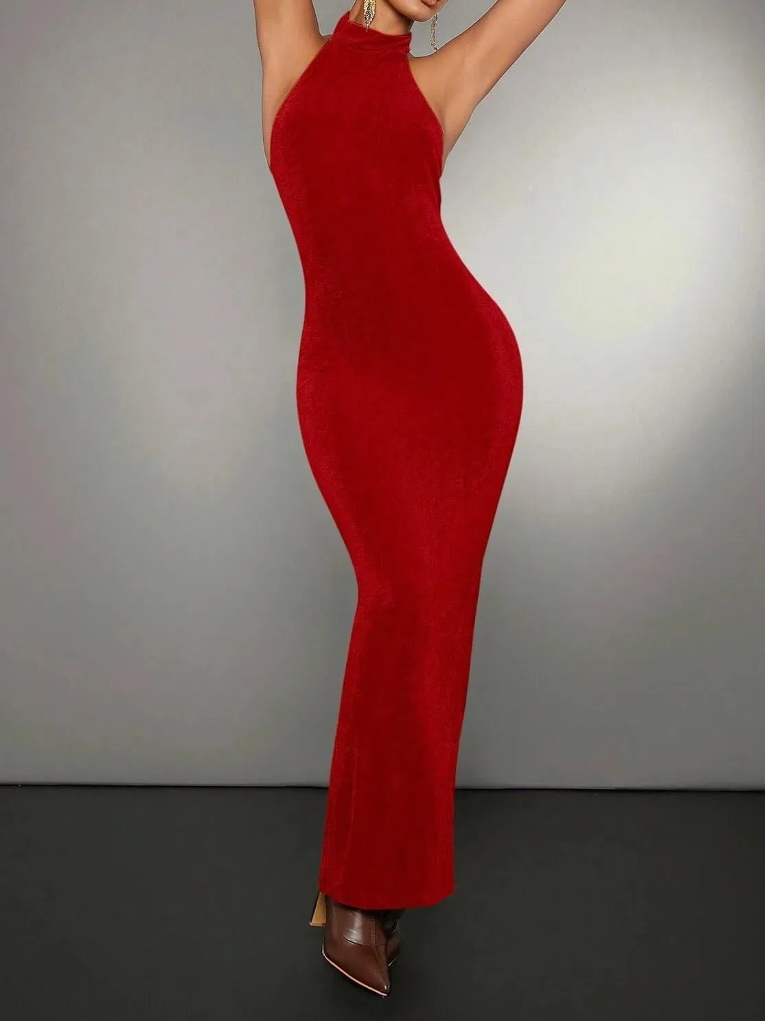 Женское макси платье на бретелях с разрезом Backless, Red — фото 3