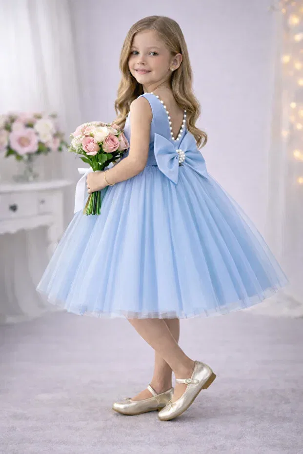 Детское платье для девочек сатиновое Violet model collar pearl girls dress satin top, fluffy dream tulle special occasion dress Suneh, Baby Blue — фото 3