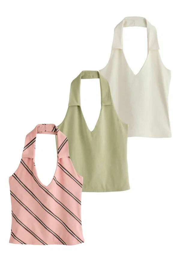 Топы с низким v-образным вырезом Regular Fit 3 Pack, Next, Green Stripe Ecru, зеленый