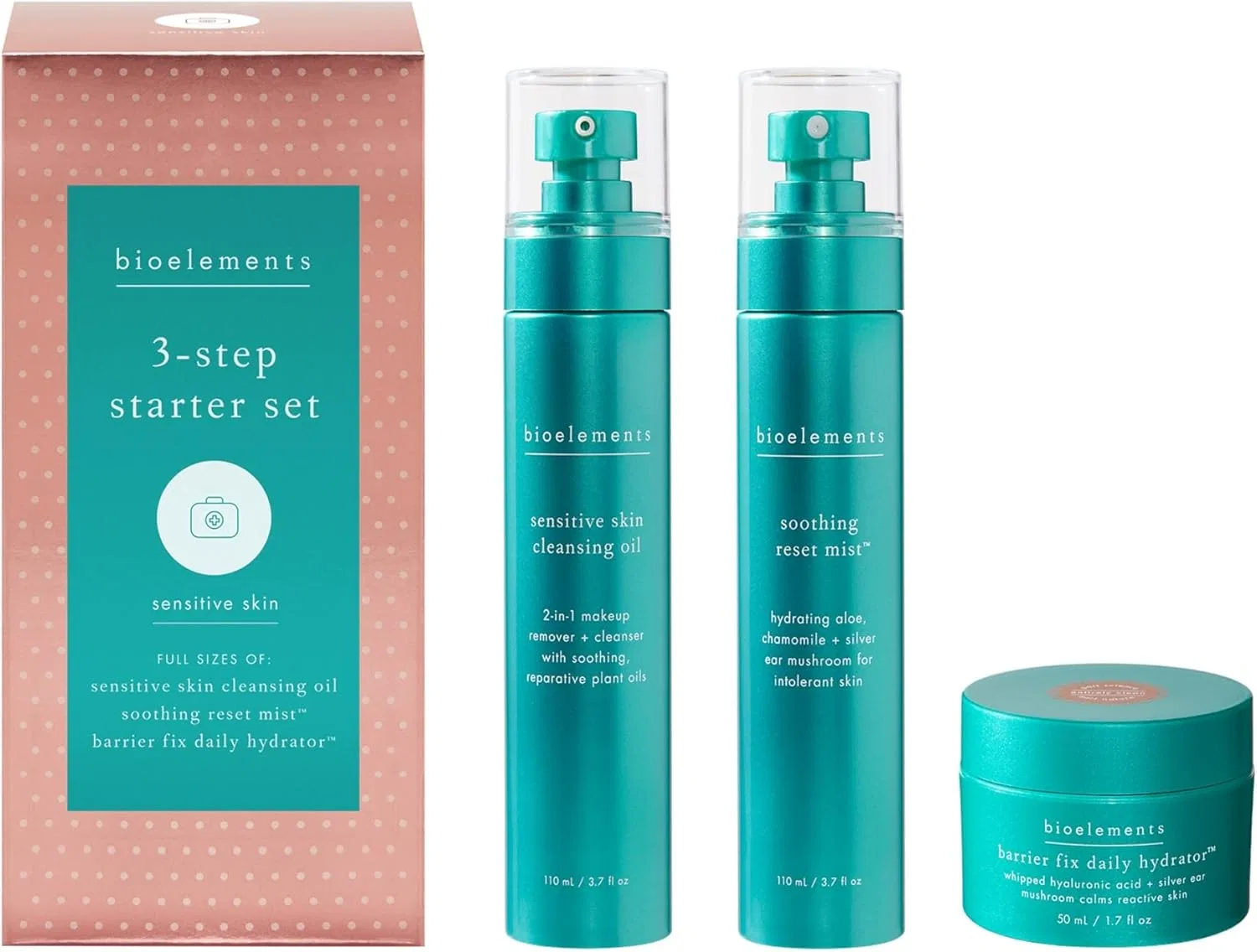 Набор для ухода за кожей 3-шаговый Bioelements для чувствительной кожи: Очищающее масло 110 мл + Успокаивающий спрей 110 мл + Увлажнитель 50 мл