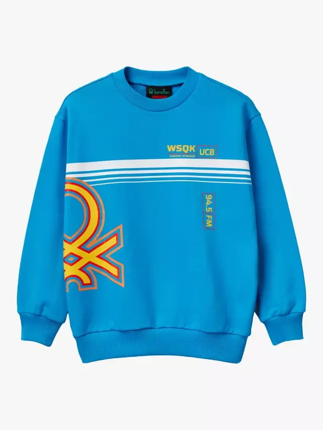 Детская хлопковая толстовка с круглым вырезом и логотипом, ярко-синяя Benetton