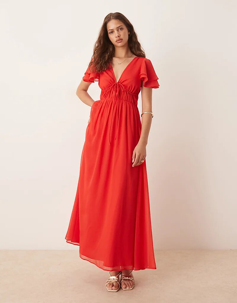 

Платье макси ASOS DESIGN с V-образным вырезом, рукавами-ангелочками и вырезами красного цвета