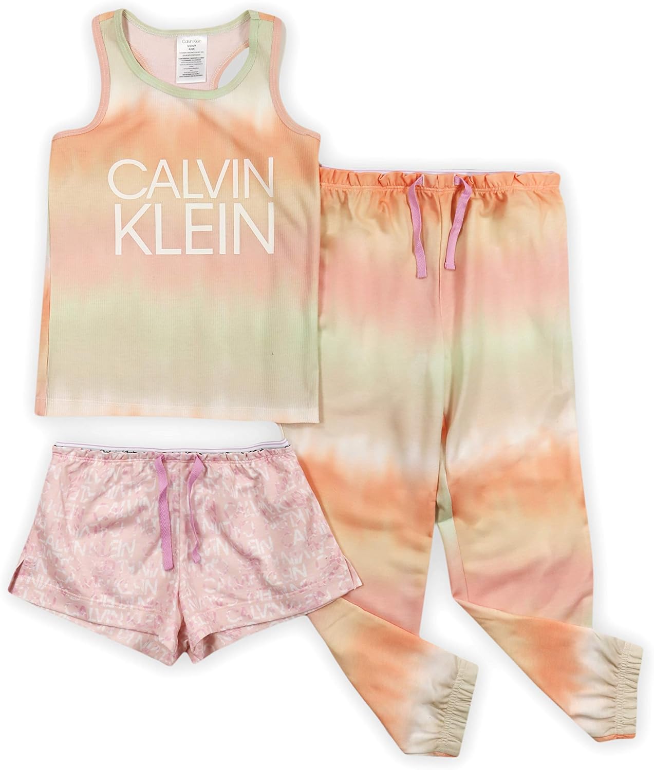 

Комплект для сна Calvin Klein Girls Sleepwear: майка, пижамные шорты и пижамные штаны, Washed Tie Dye/Lilac