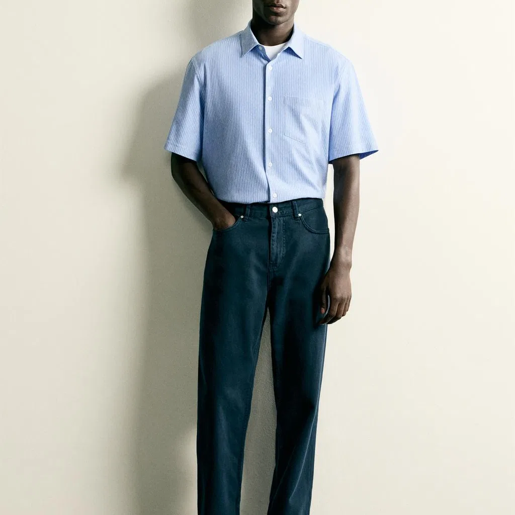 Мужская рубашка с отложным воротником ZARA, White/Sea Blue — фото 4
