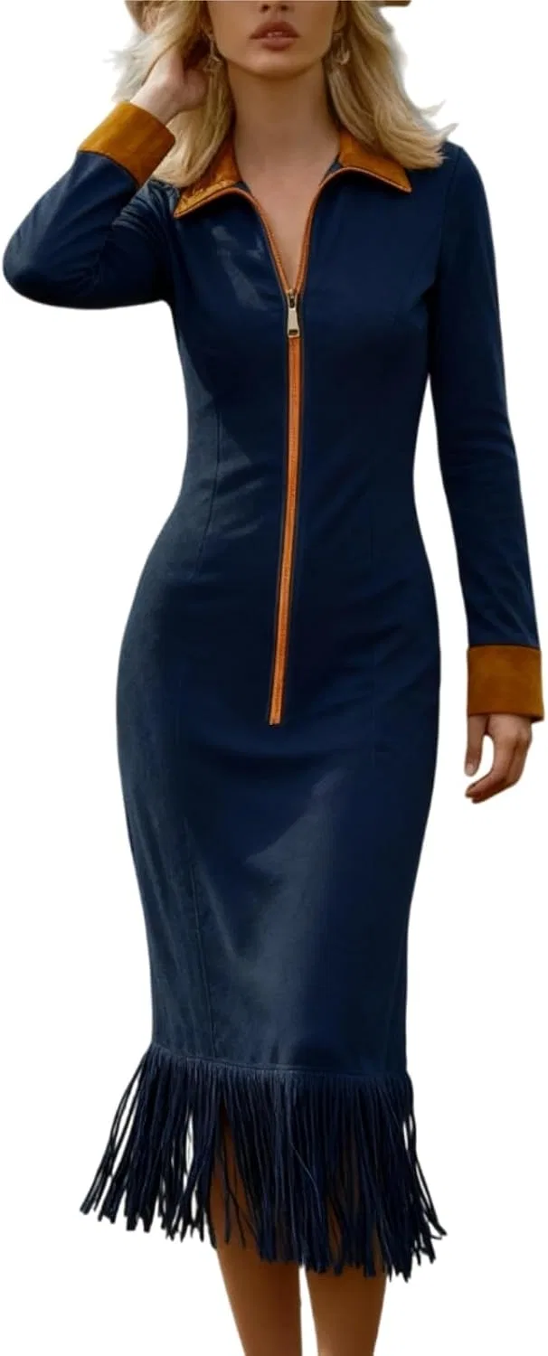 Женское винтажное платье миди с бахромой, Navy Blue