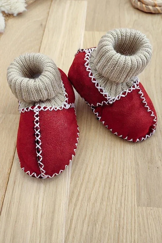 Детские пинетки с принтом Organic leather unisex baby booties natural baby socks with wool inside stl718-22 Sitilin, Burgundy — фото 2