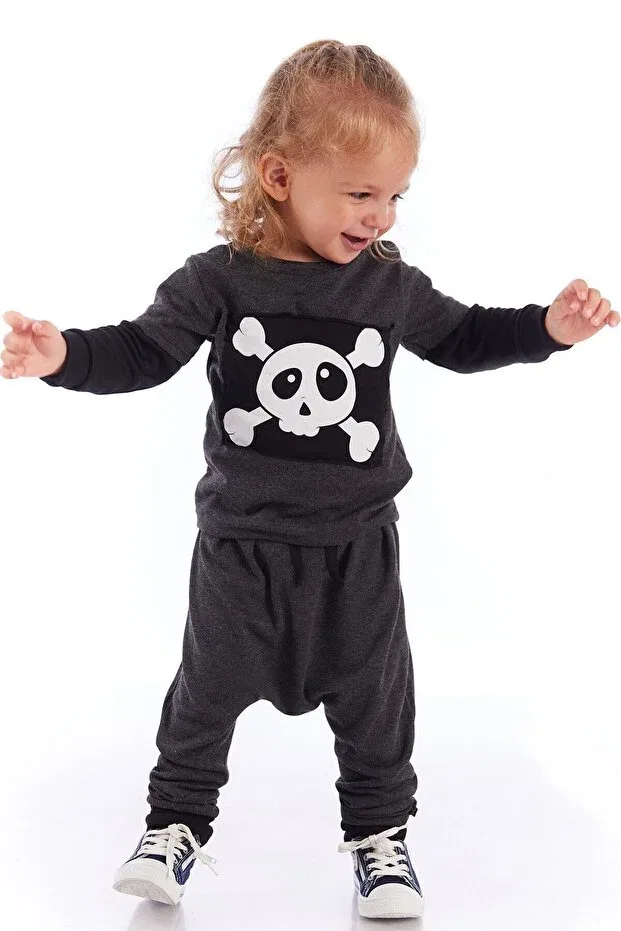 Детская футболка с длинным рукавом с принтом Baby Skull Patch Colorinas, Anthracite Melange — фото 4