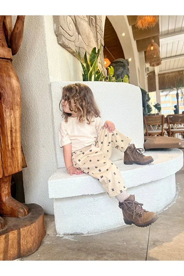 Детские брюки для девочек с принтом Teddy Bear Patterned Balloon Pants Padri Kids, Nude Color — фото 3