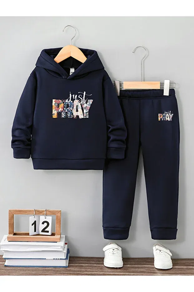 Детский комплект спортивный с принтом Just pray premium 3rd for girls iplik compact sweatshirt & sweatpants set - 2 piece sports set Let'S Wear, Navy Blue