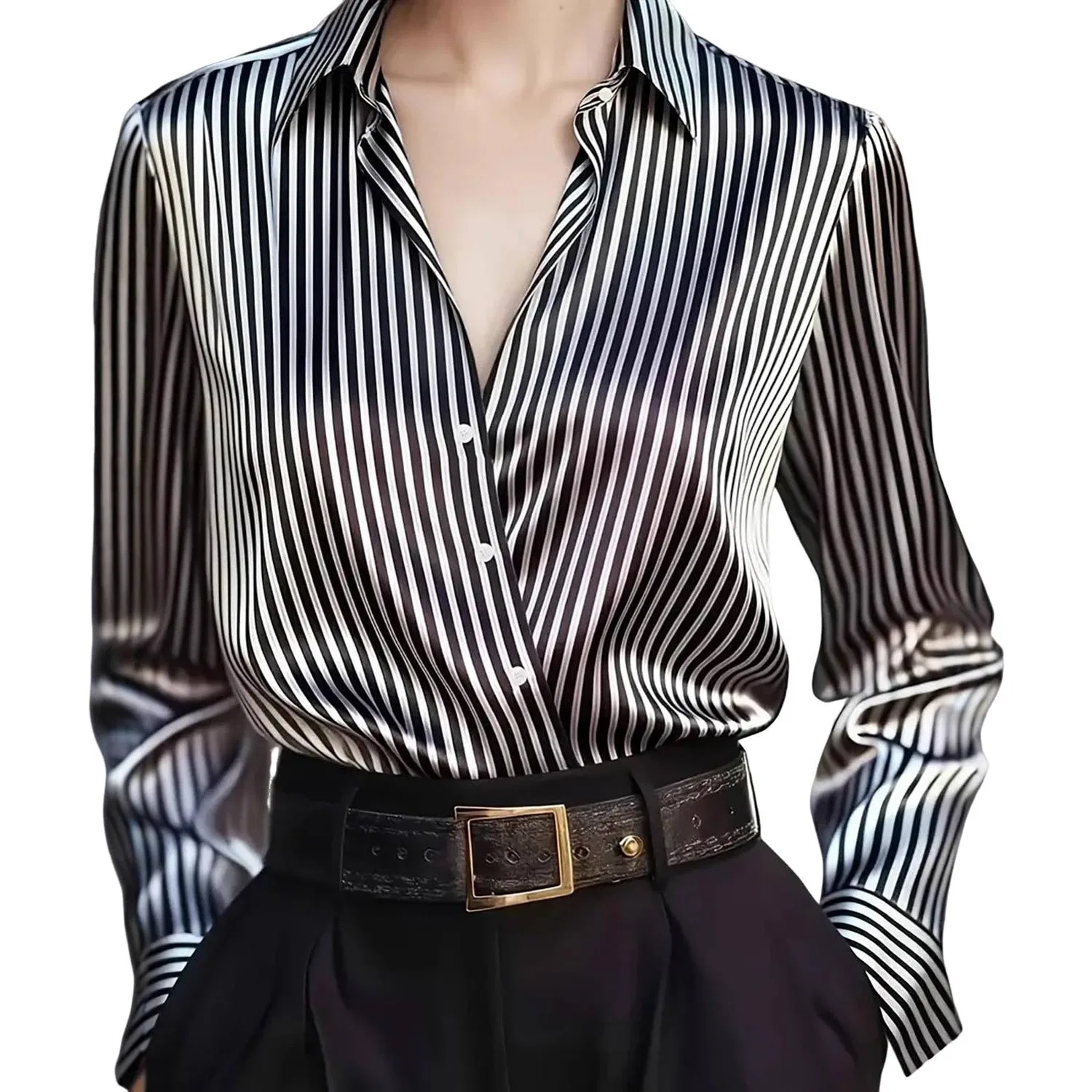 Женская блузка из атласа с V-образным вырезом и длинным рукавом, Raso 01-nero