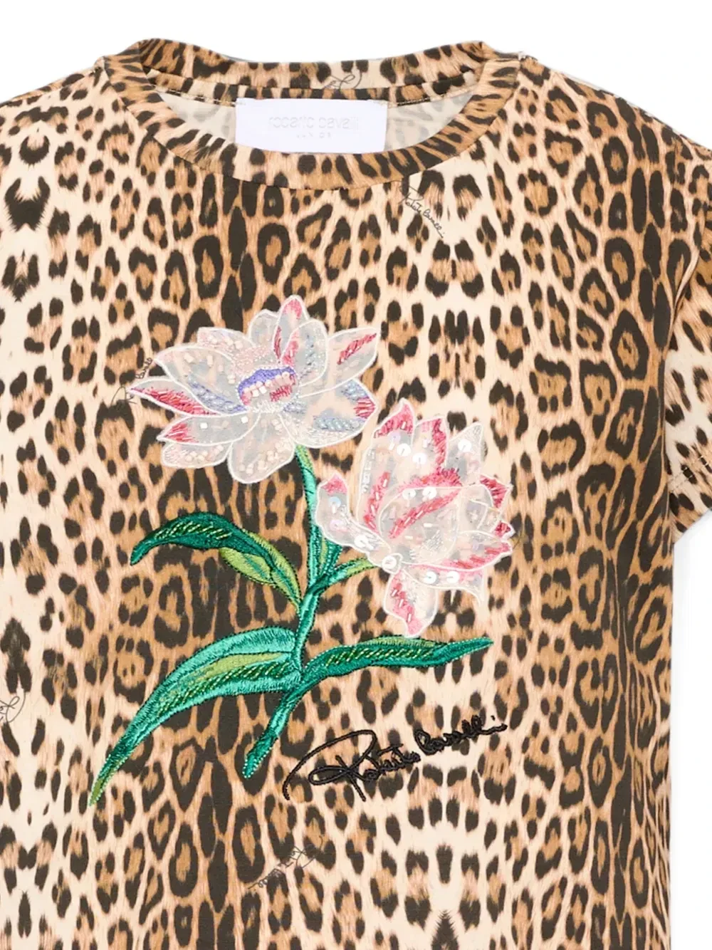 Футболка с леопардовым принтом, украшенная пайетками Roberto Cavalli Junior, бежевый — фото 3