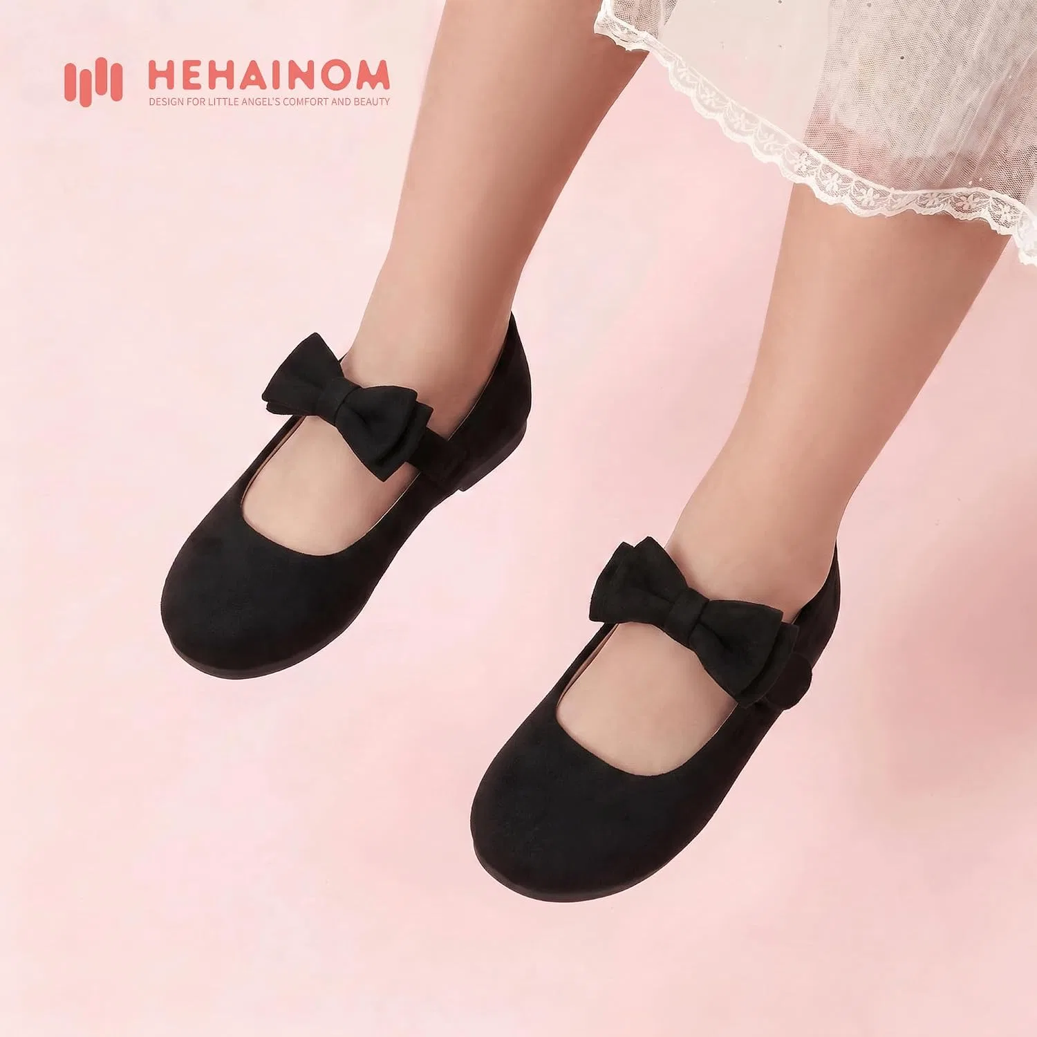 Детские балетки для девочек с цветочным принтом Hehainom, Black Suede — фото 3