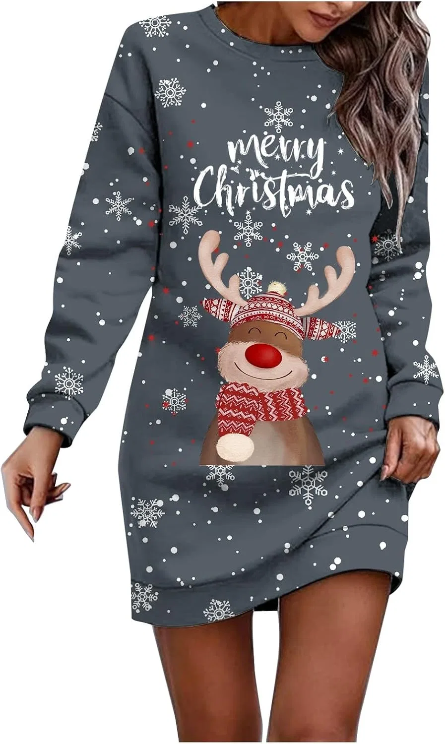 Женский свитшот-платье с принтом Elk Christmas, серый