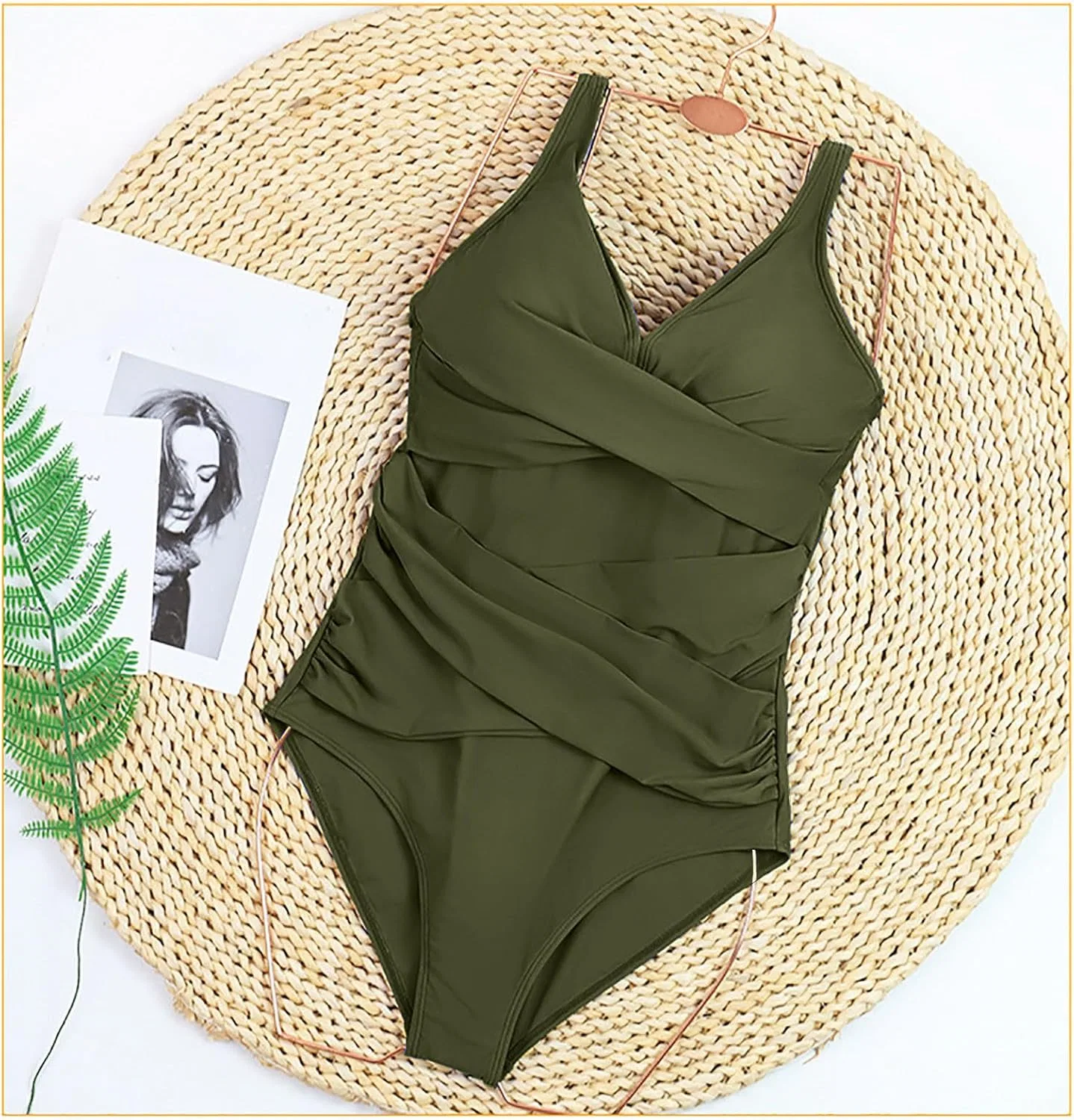 Женский слитный купальник с утяжкой живота V-образным вырезом, Army Green — фото 4