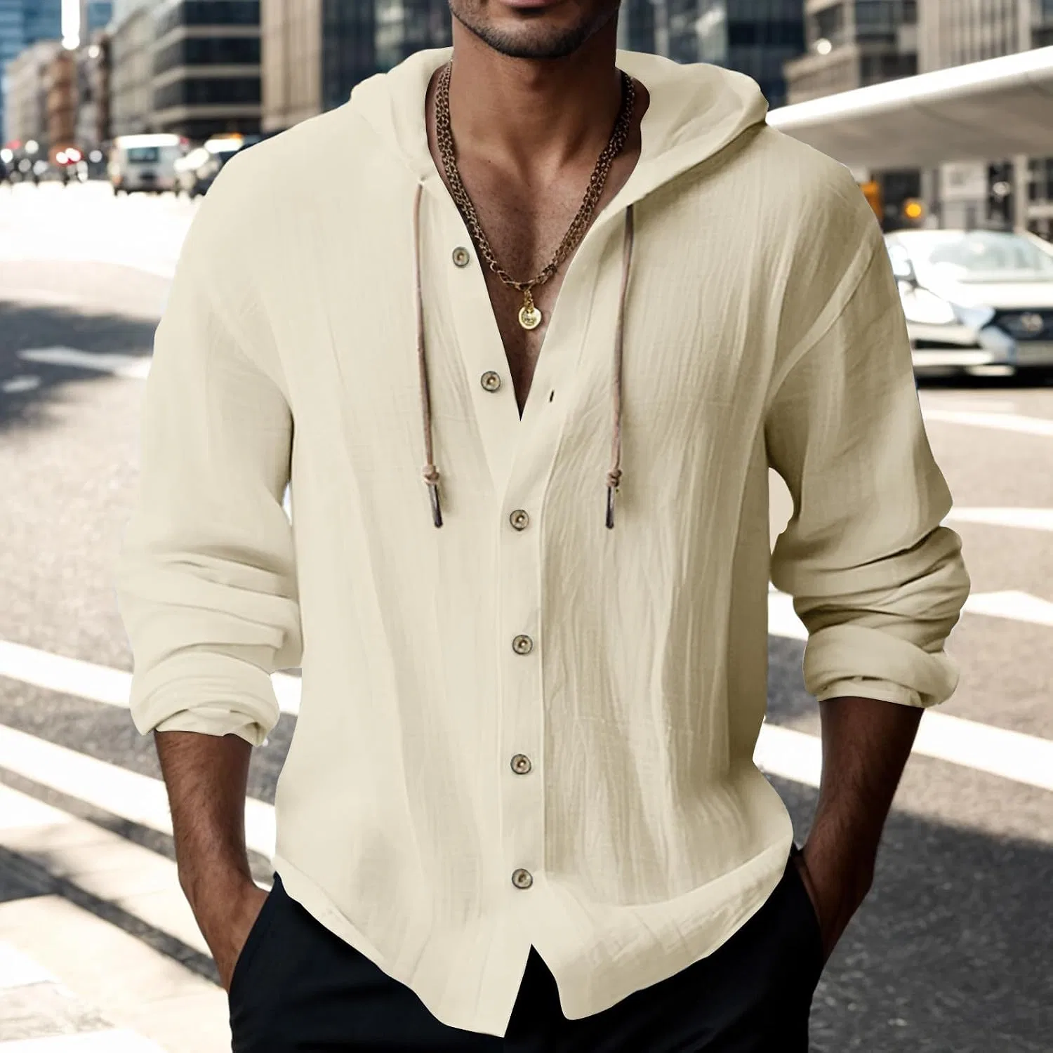 Мужская хлопковая рубашка с капюшоном на пуговицах, Lightweight Fashion Hoodies, Beige — фото 2