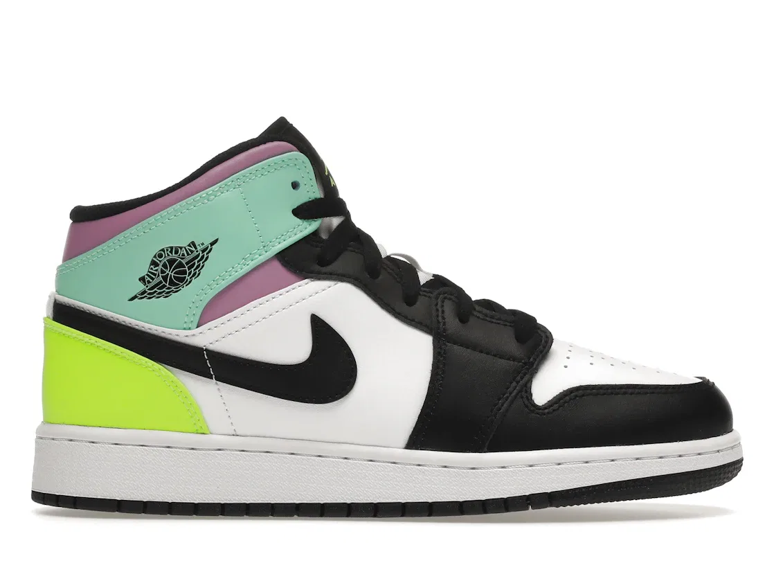Детские кроссовки с контрастной расцветкой Jordan 1 Mid Jordan, White/Black-Volt-Green Glow