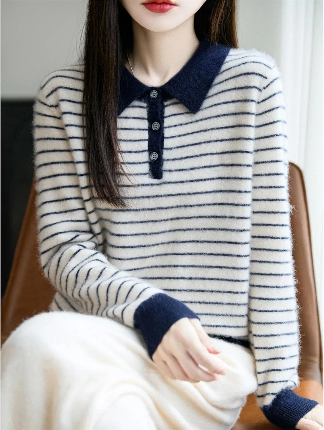 Женский пуловер с отложным воротником, полосатый, Merino Wool Sweater Polo Shirt Collar Striped Pullover, красный — фото 2