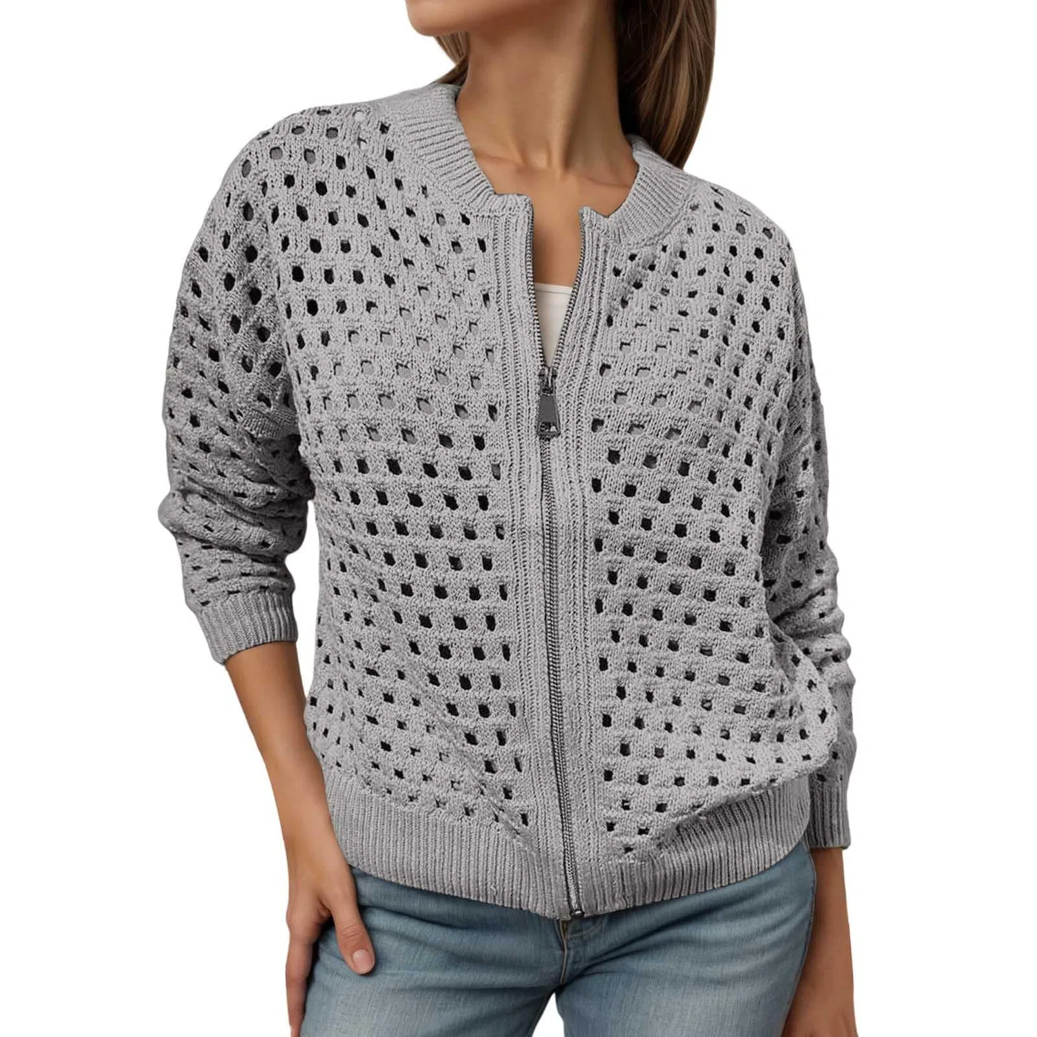 Женский кардиган с молнией и перфорацией, Grey