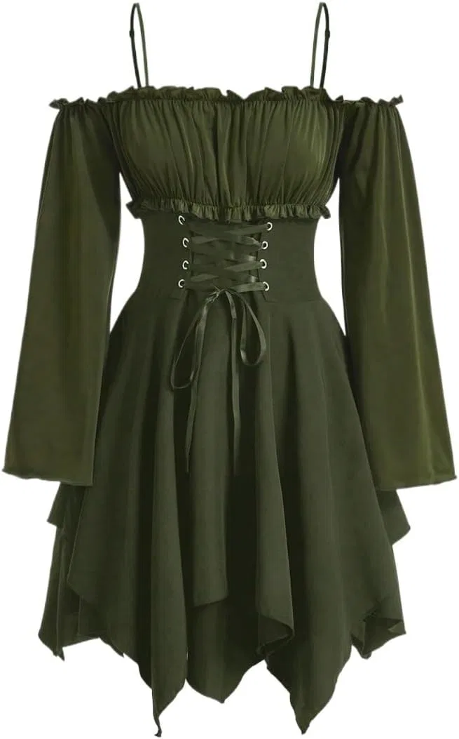 Женское A-силуэта платье с открытыми плечами, Army Green