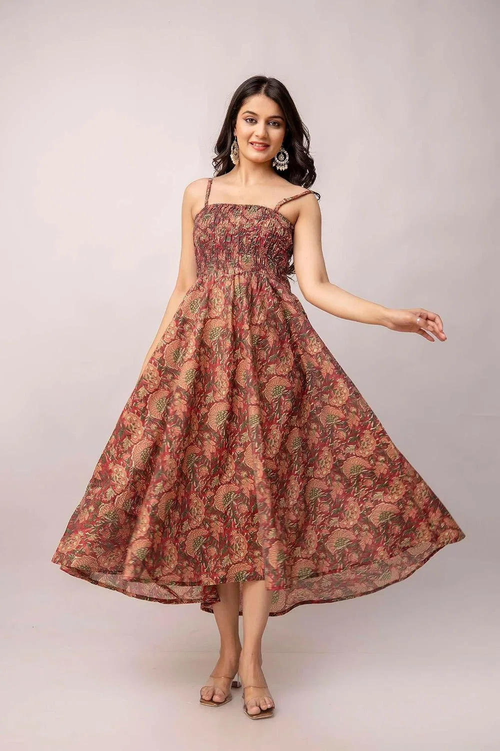 Женское платье-сари с цветочным принтом Anarkali, Dark Maroon — фото 2