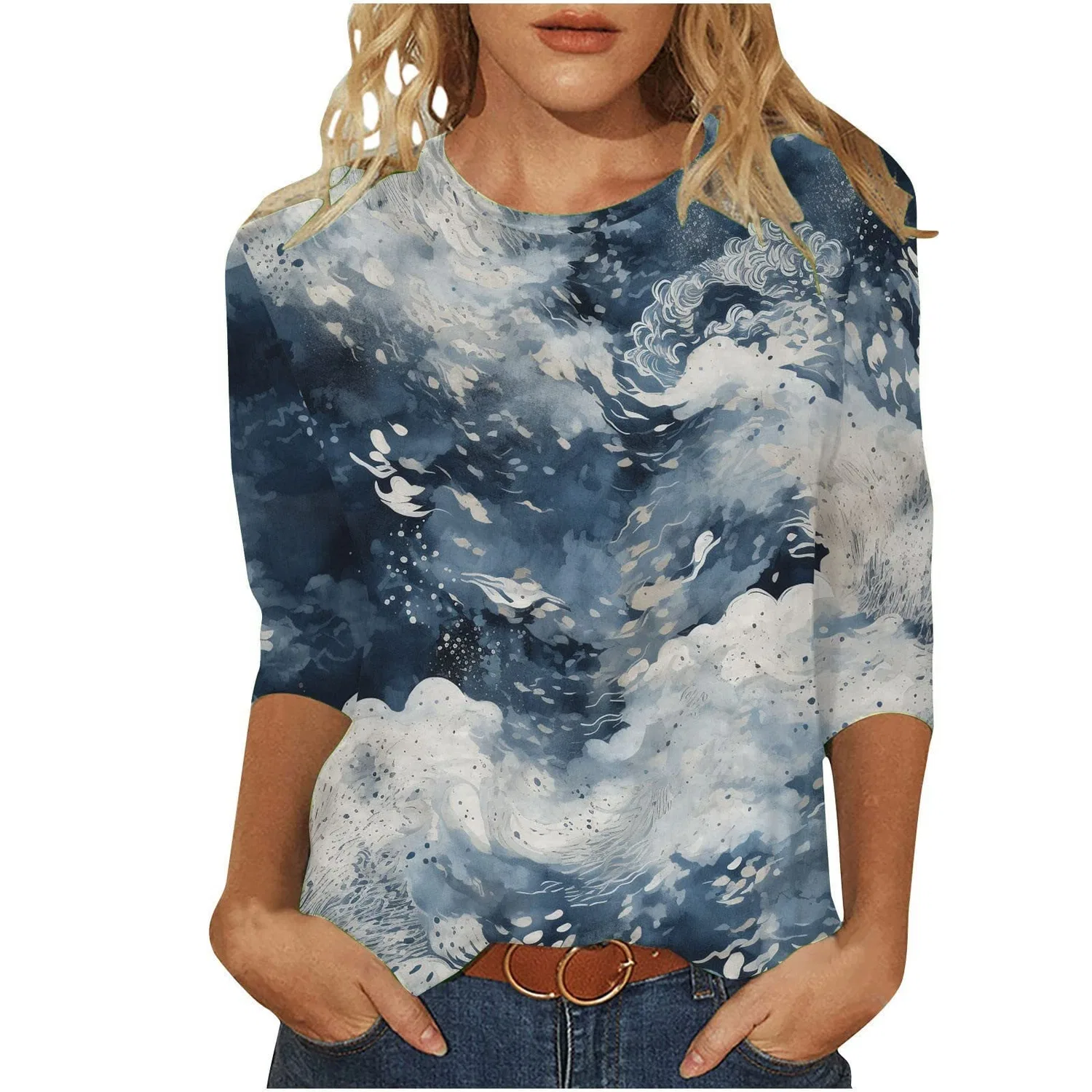 Женская футболка с V-образным вырезом Colorful Gradient Geometric Print, бренд, Blue-4