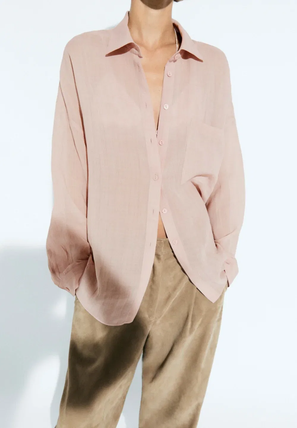 Струящаяся рубашка из рами с карманами - блузка на пуговицах Massimo Dutti, Pink — фото 3