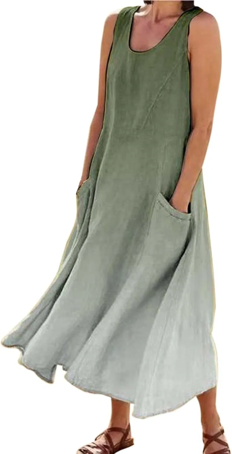 Женское летнее сарафан-макси богемный Cotton Linen Long Dress, Green