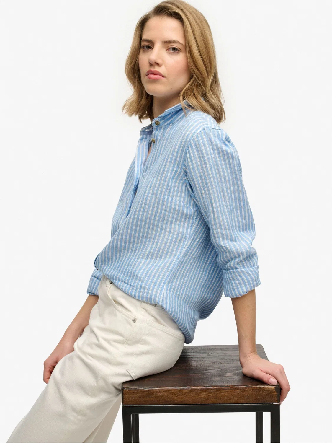 Рубашка оверсайз Premium Linen Boyfriend Shirt Superdry, синий