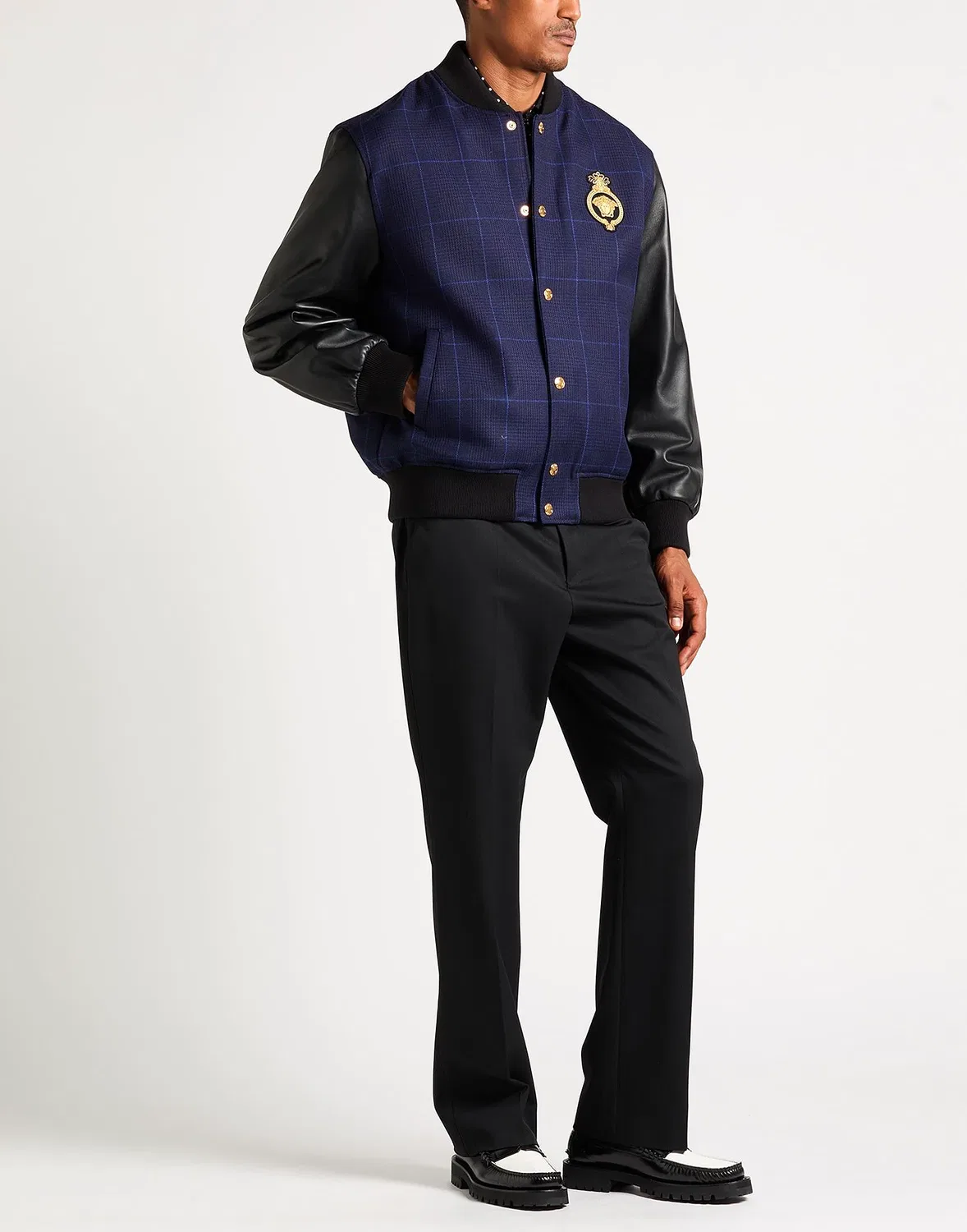 Мужская бомбер из шерсти и кожи Versace, темно-синий — фото 2