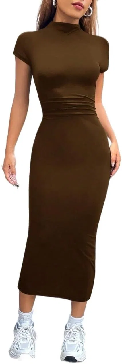 Женское миди-платье с воротником-стойкой Bodycon, Brown