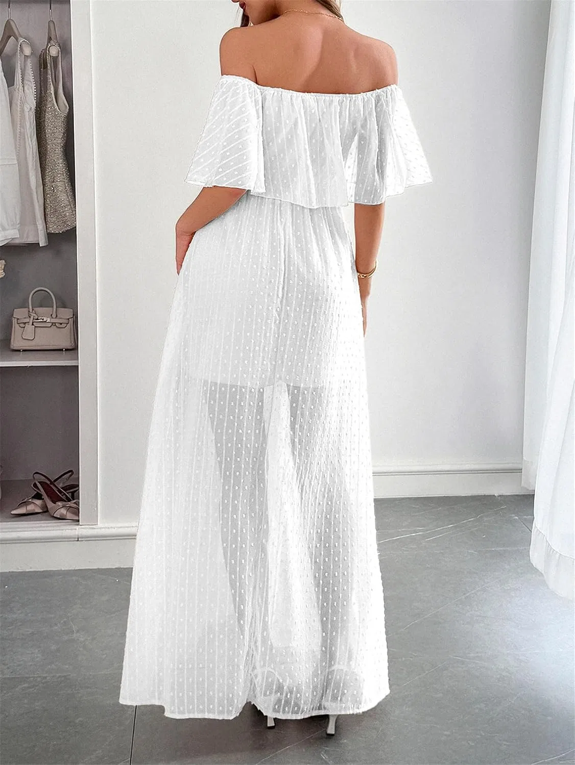 Женское летнее платье с цветочным кружевом Off Shoulder, White — фото 4