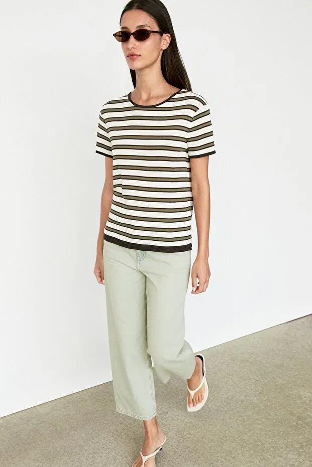Женская футболка с полосками с коротким рукавом Massimo Dutti, Khaki — фото 4