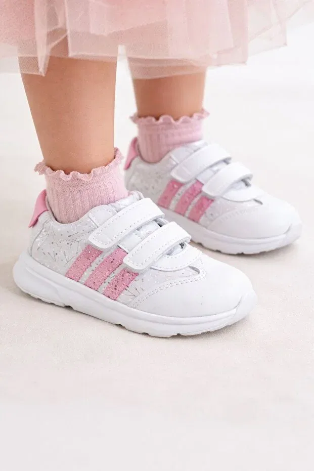 Детские спортивные туфли для девочек из натуральной кожи с принтом Sportswear Lina Step, White-Pink — фото 2