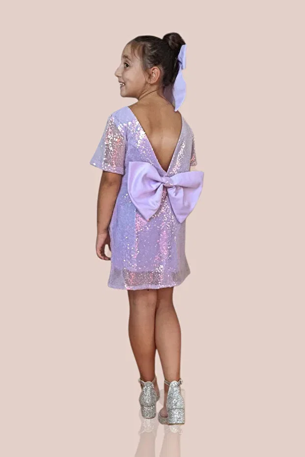 Детское платье для девочек с пайетками Lila Short Sleeve Back Satin Bow Detail Paillettes Evening Dress Gist, Lila